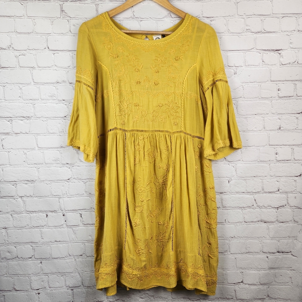 Anthropologie Mustard Embroidered Midi Dress with Bell Sleeves